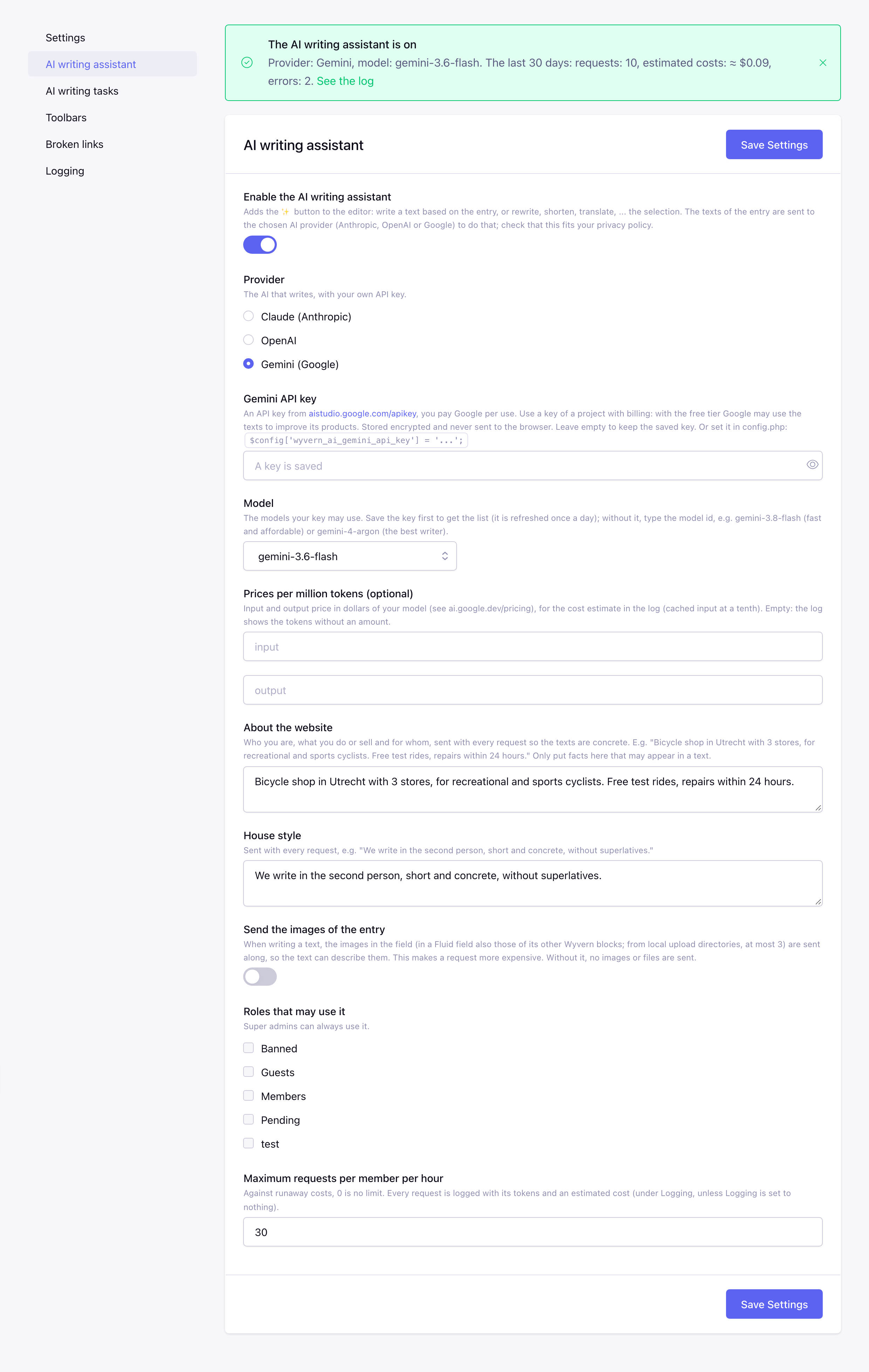 AI writing assistant settings