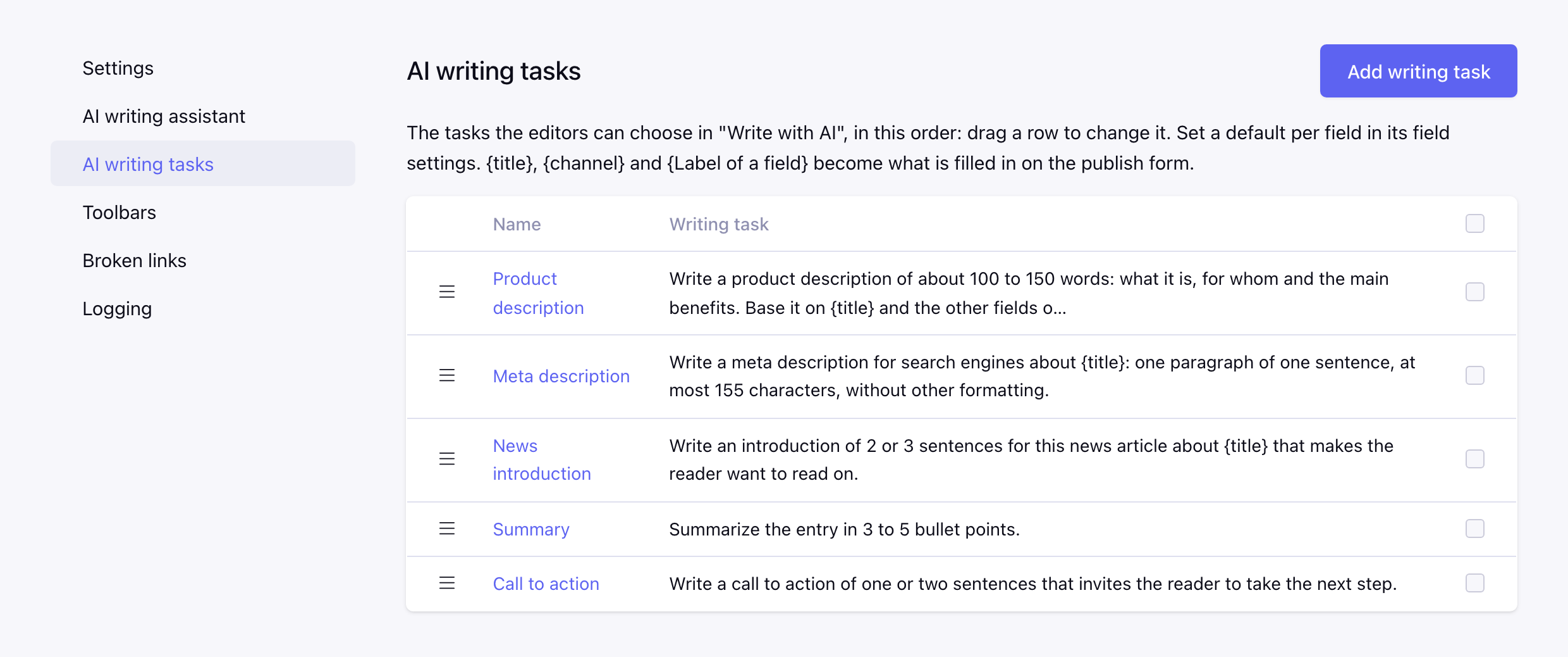 AI writing tasks