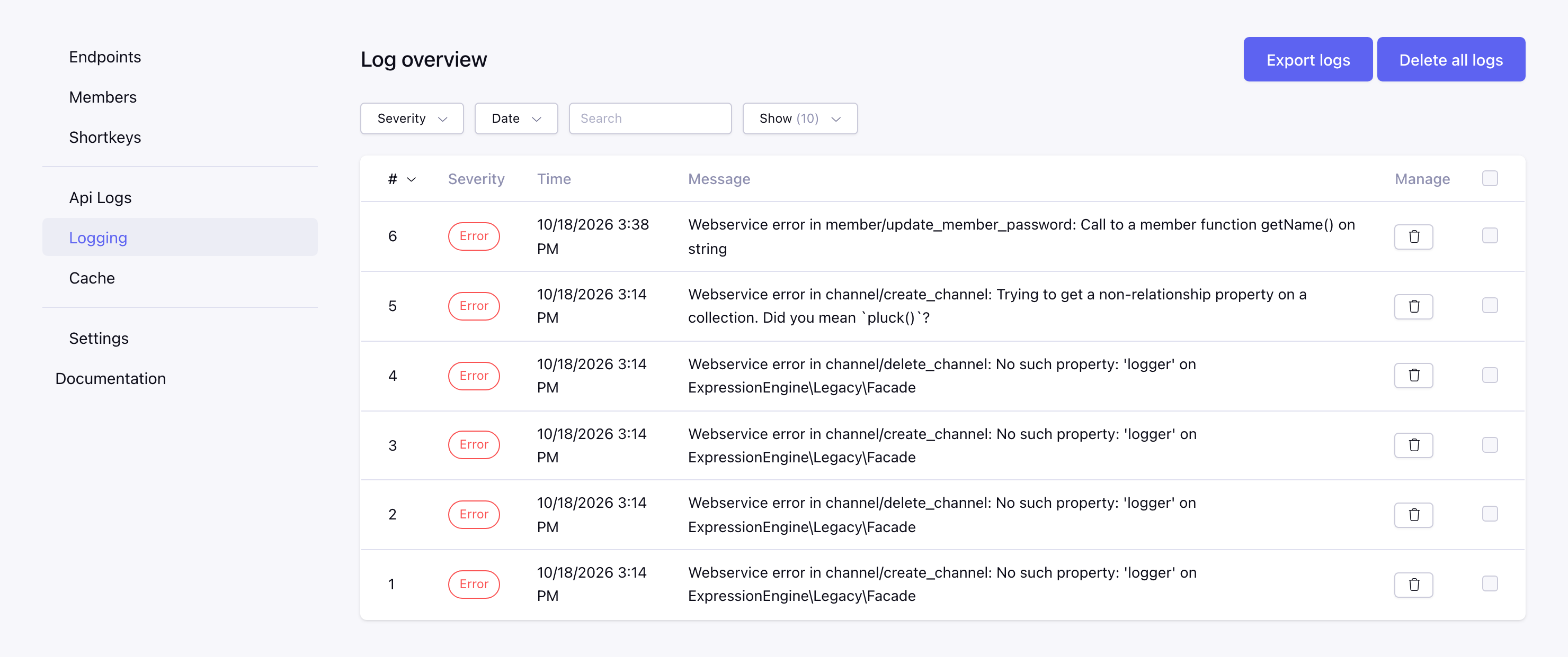 Logging page